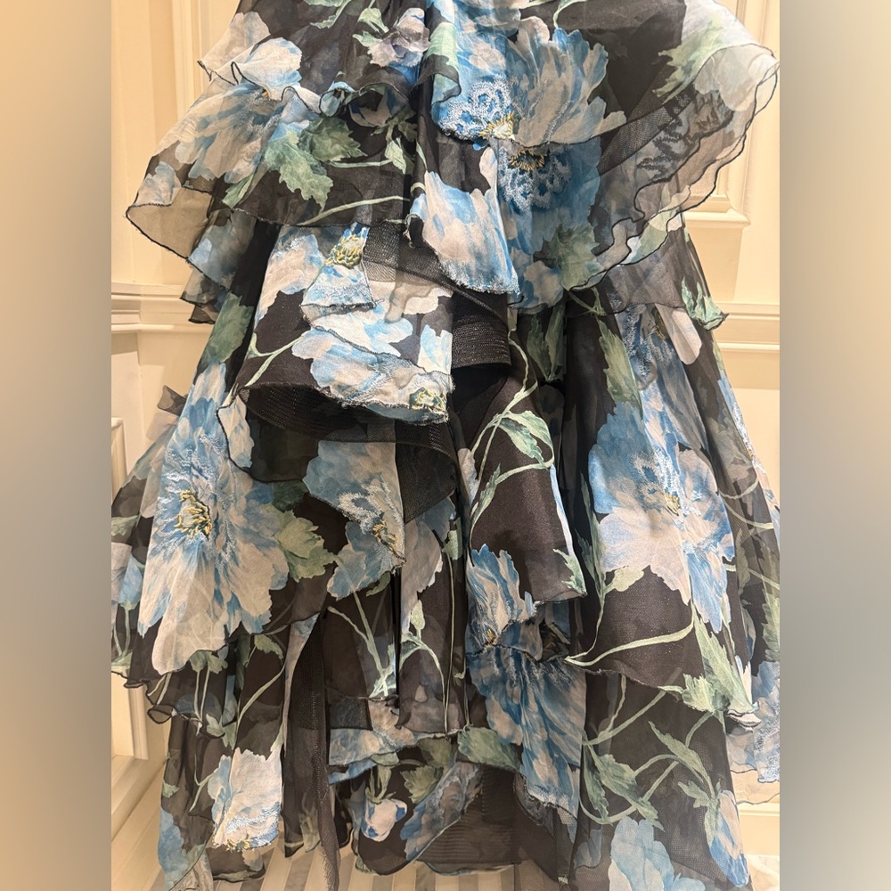 MARCHESA COUTURE- Blue Floral Tiered V-Neck Evening Dress - Picture 7 of 9